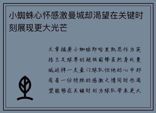 小蜘蛛心怀感激曼城却渴望在关键时刻展现更大光芒