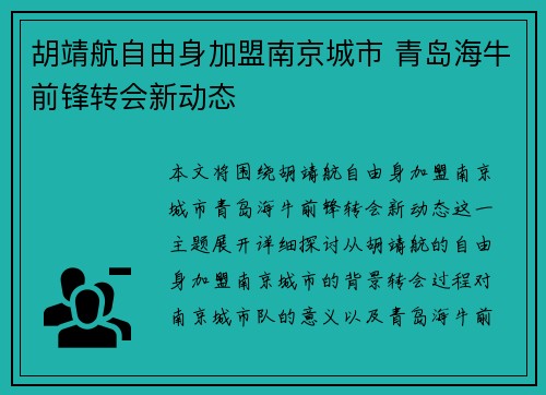 胡靖航自由身加盟南京城市 青岛海牛前锋转会新动态
