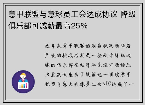 意甲联盟与意球员工会达成协议 降级俱乐部可减薪最高25%