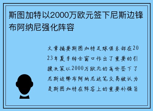 斯图加特以2000万欧元签下尼斯边锋布阿纳尼强化阵容
