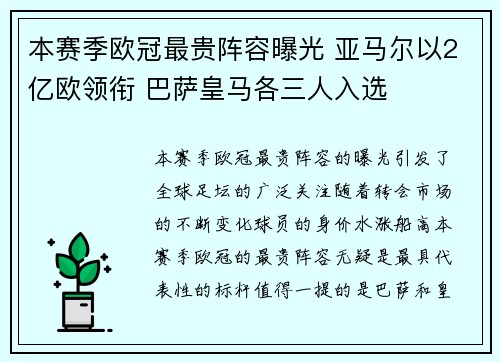 本赛季欧冠最贵阵容曝光 亚马尔以2亿欧领衔 巴萨皇马各三人入选