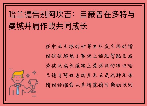 哈兰德告别阿坎吉：自豪曾在多特与曼城并肩作战共同成长